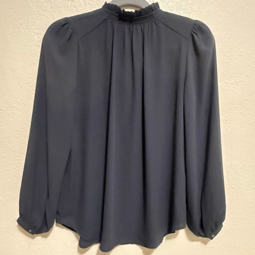 LOFT Petites Dark Gray Ruffle Neck Smocked Button Front Blouse XSP 487942 - Picture 8 of 10